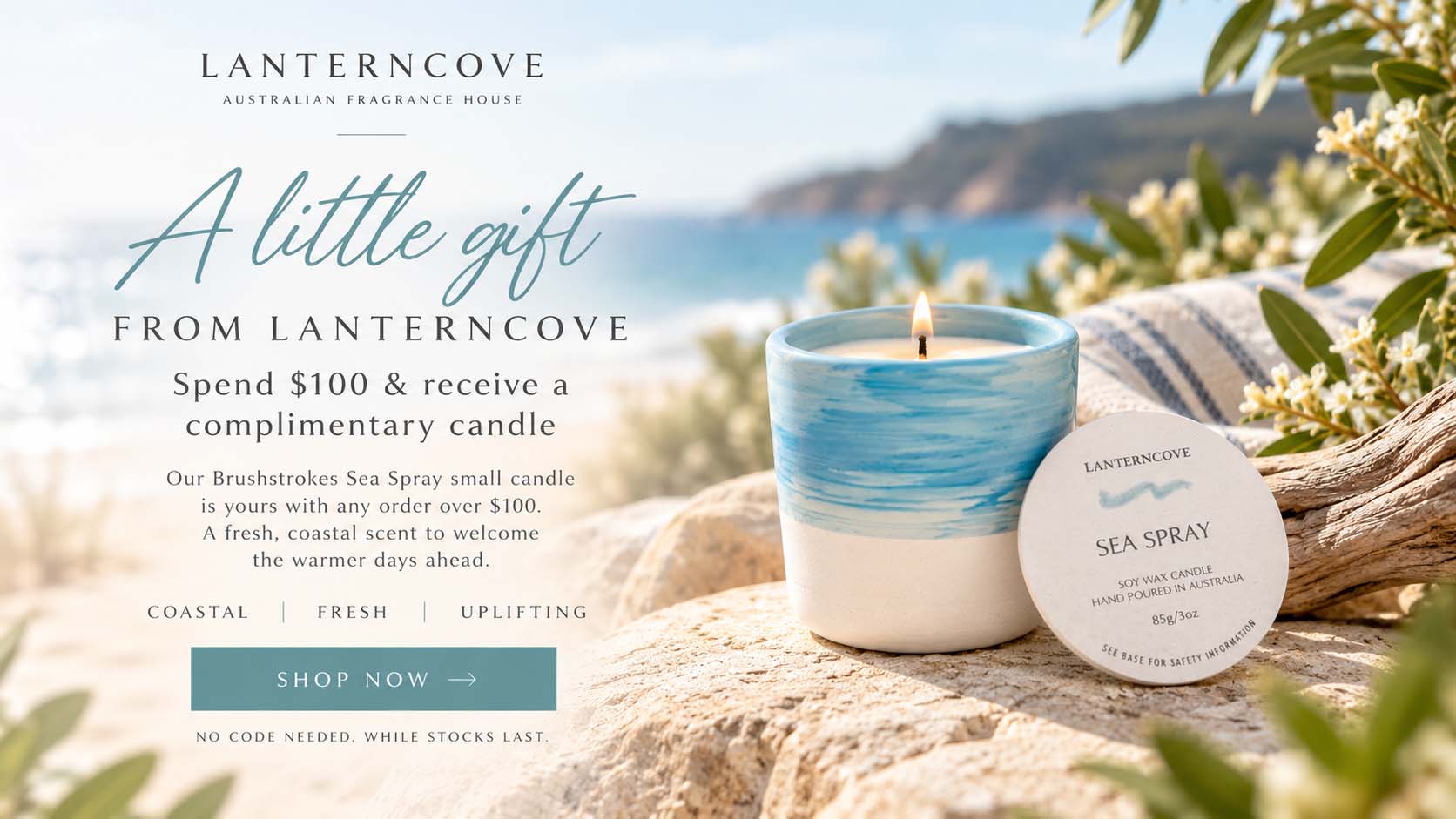 Lanterncove Brushstrokes Sea Spray 3oz candle complimentary with orders over $100